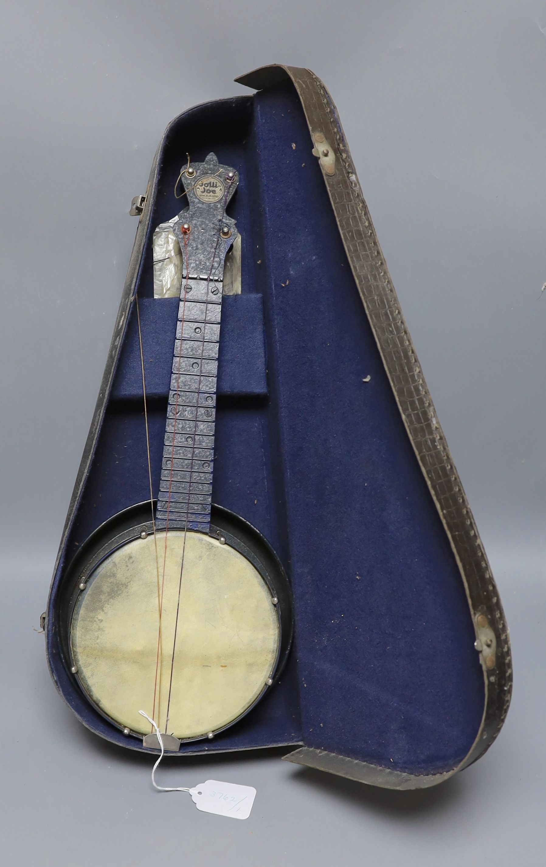 A cased Jolli Joe banjo
