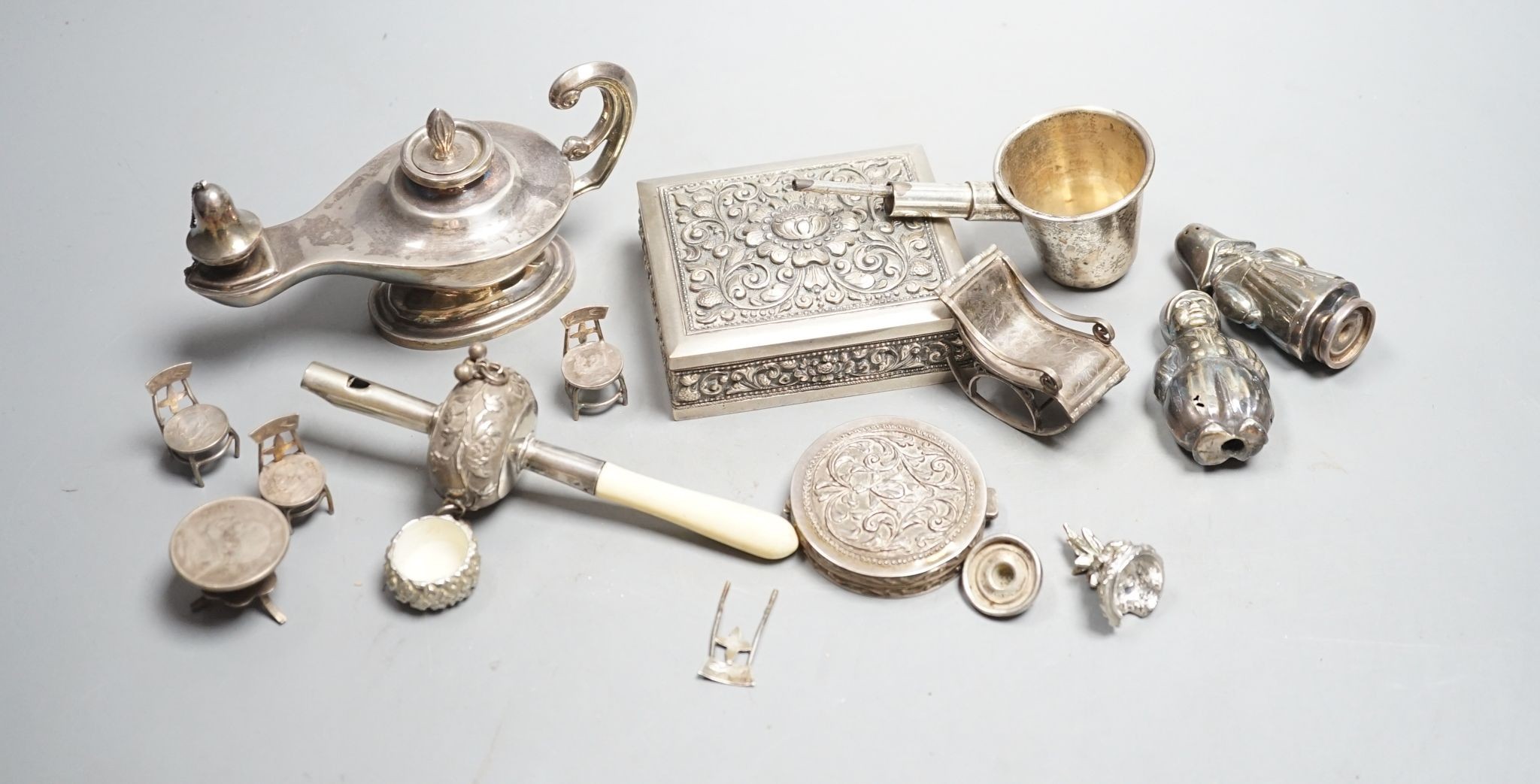 A group of small continental white metal items including a 800 compact, coin mounted miniature
