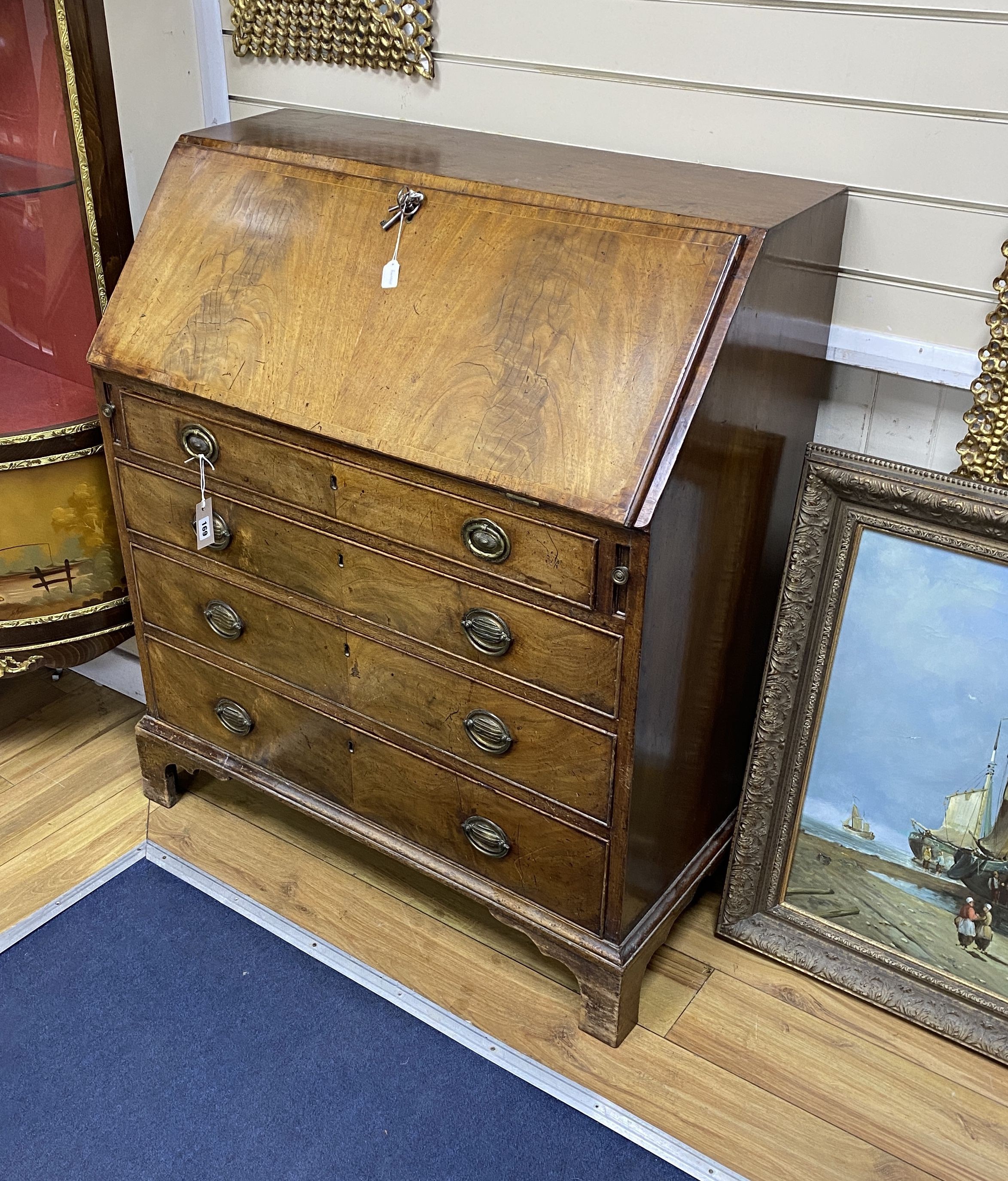 A George III mahogany bureau, width 91cm, depth 46cm, height 107cm