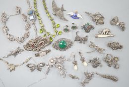 A small collection of assorted mainly white metal and marcasite set jewellery, including brooches,