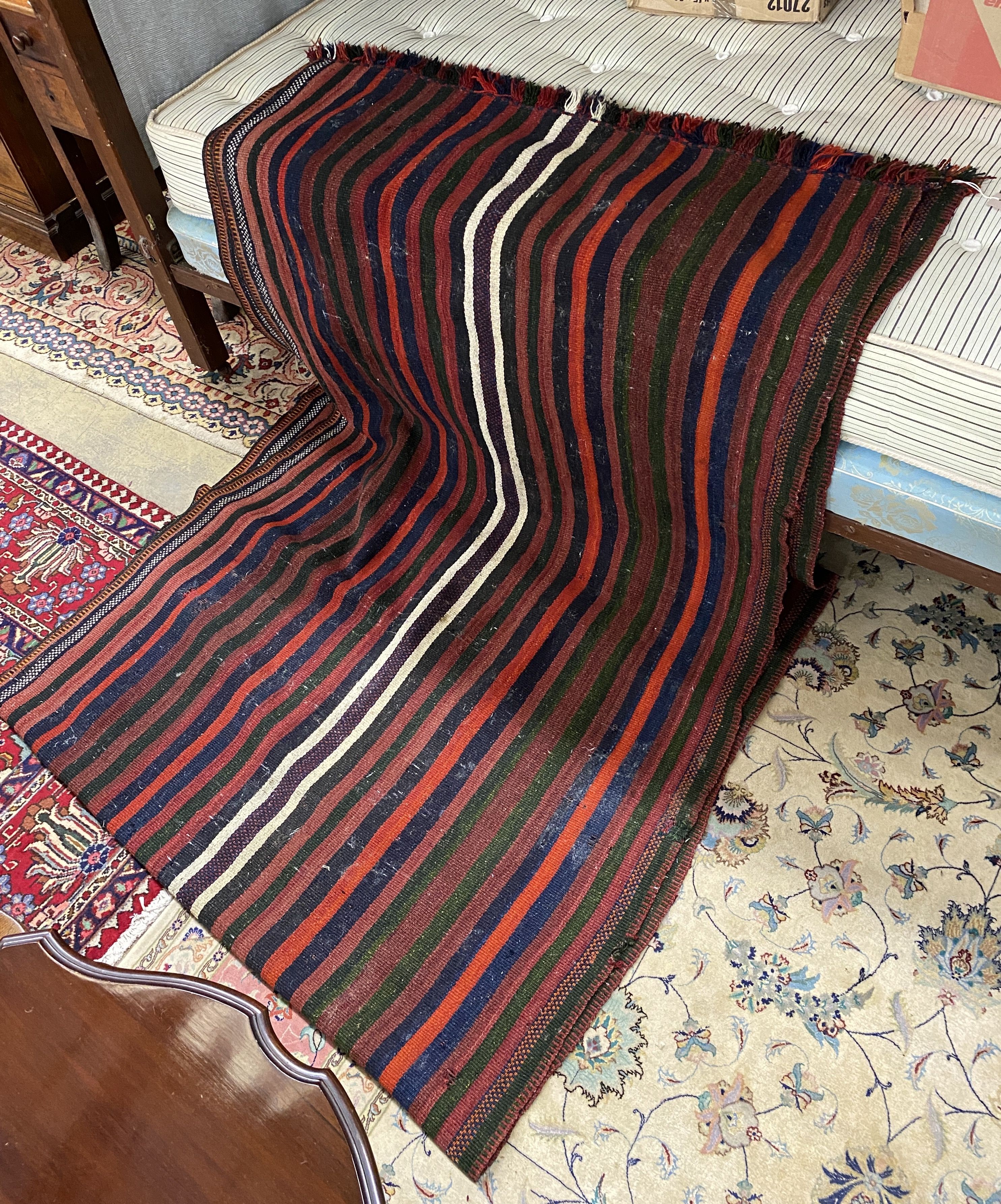 A polychrome flatweave hall carpet, 380 x 124cm