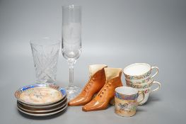 A collection of French provincial plates, various cut glass wine glasses and a Japanese Imari bowl.