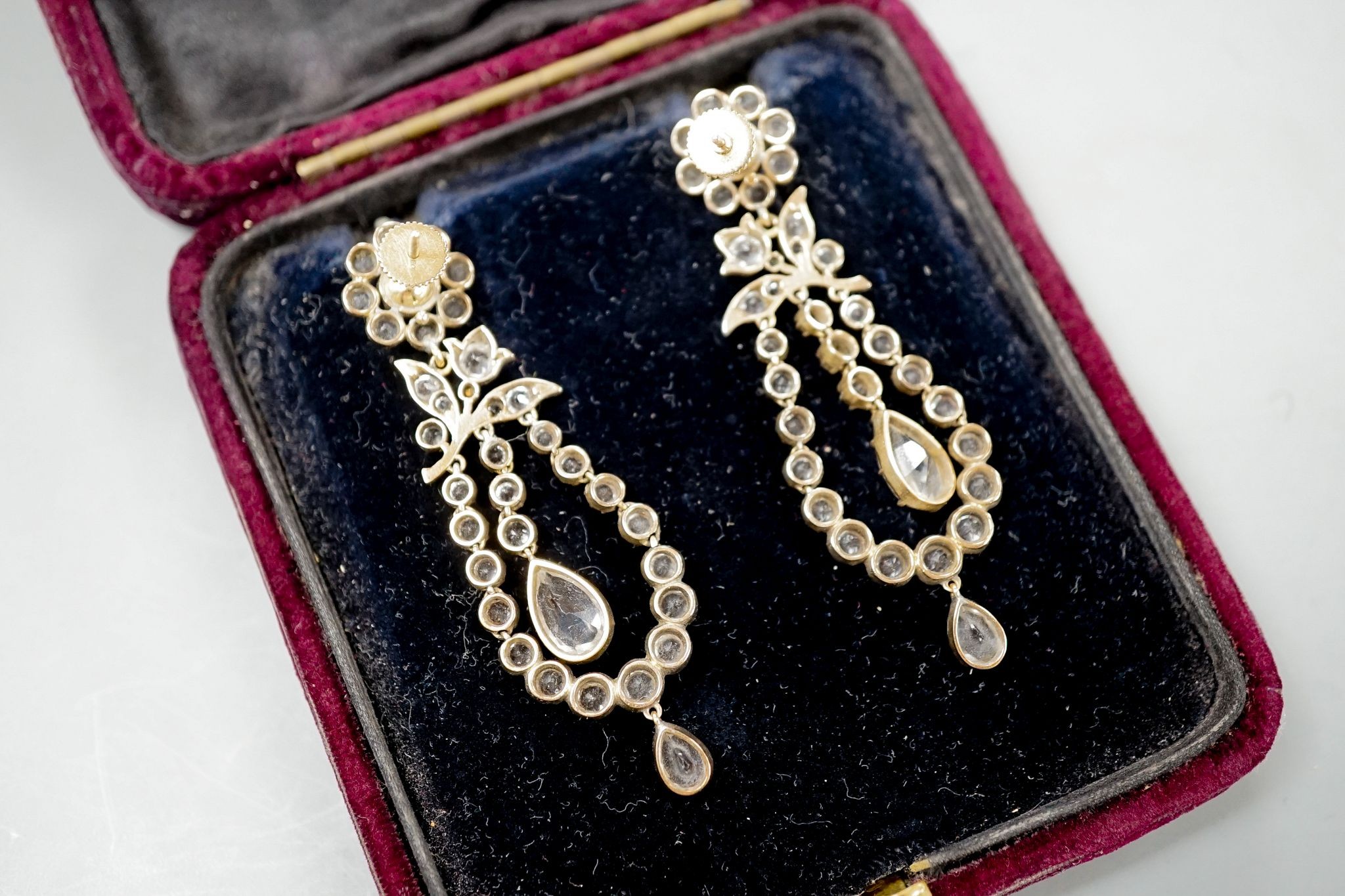 A pair of 19th century yellow and white metal mounted paste set drop earrings, 62mm. - Image 6 of 6