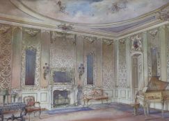 19th century English School, watercolour, Music room interior, 45 x 62cm, maple framed