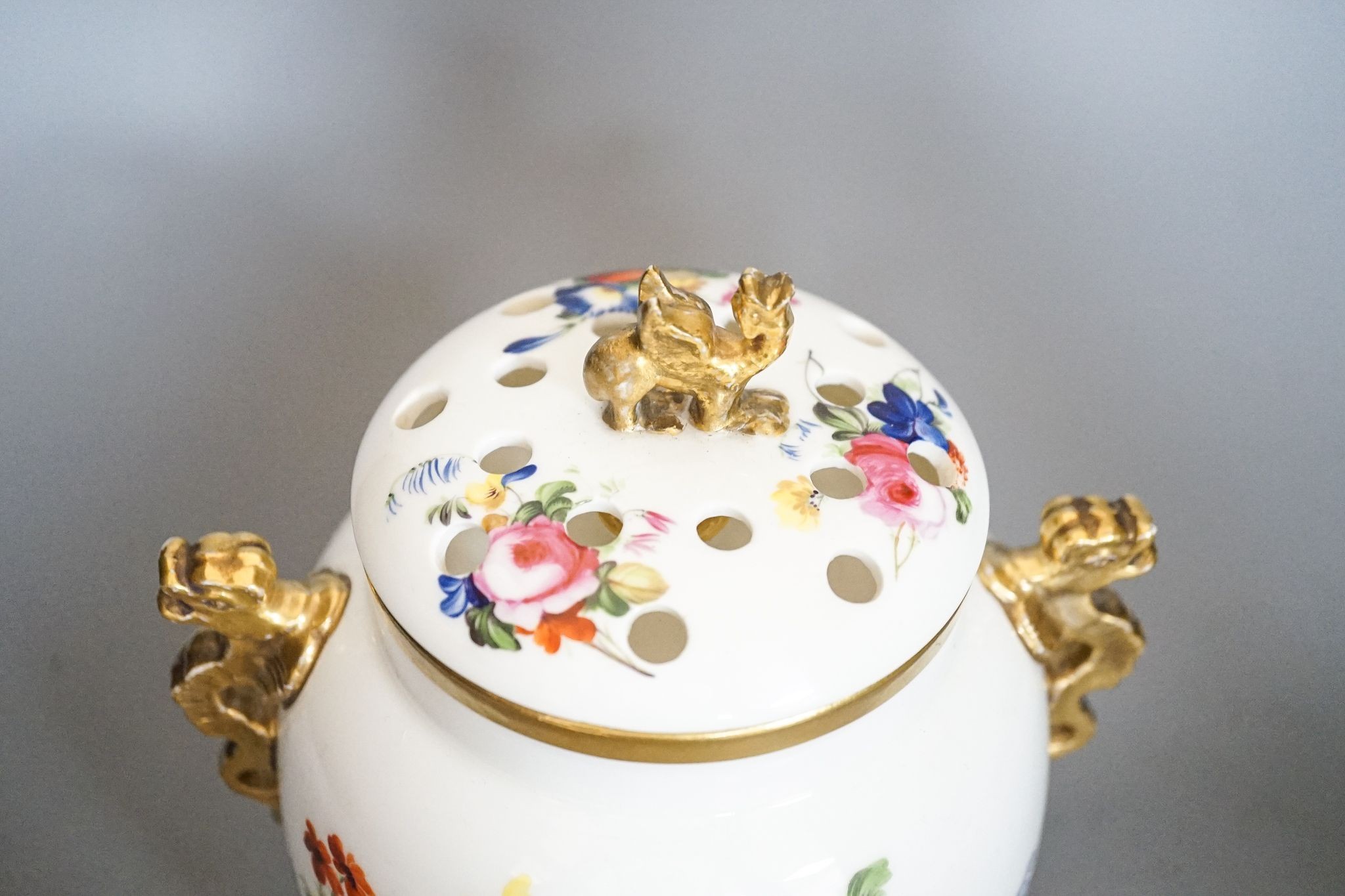 An English porcelain pot pourri vase, cover and inner cover, probably Coalport, painted with roses - Image 2 of 7