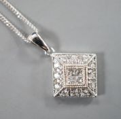 A modern 9k and diamond chip set pendant, 10mm, on a 585 fine link chain, 44cm, gross weight 2.1