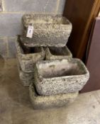 Seven rectangular reconstituted stone garden planters, width 34cm, depth 18cm, height 18cm