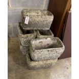 Seven rectangular reconstituted stone garden planters, width 34cm, depth 18cm, height 18cm