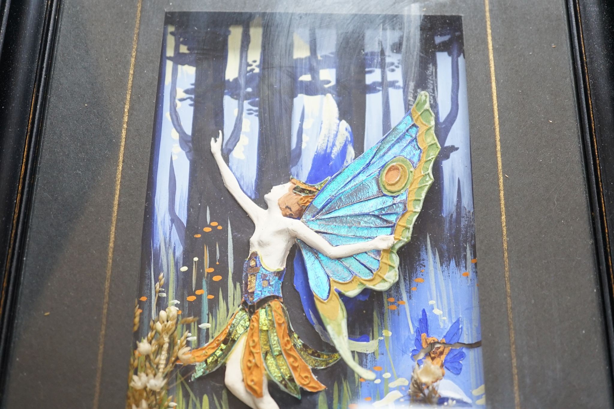 A pair of morpho butterfly wing nymph diorama, signed Gaydon King, Pat. App. For 19907/29, c. - Image 2 of 7