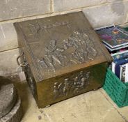 An antique Dutch embossed brass coal bin with handle, width 60cm, height 44cm