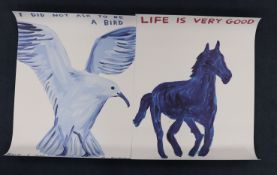 David Shrigley (1968-), two colour prints, 'Life is very good' and 'I did not ask to be a bird',