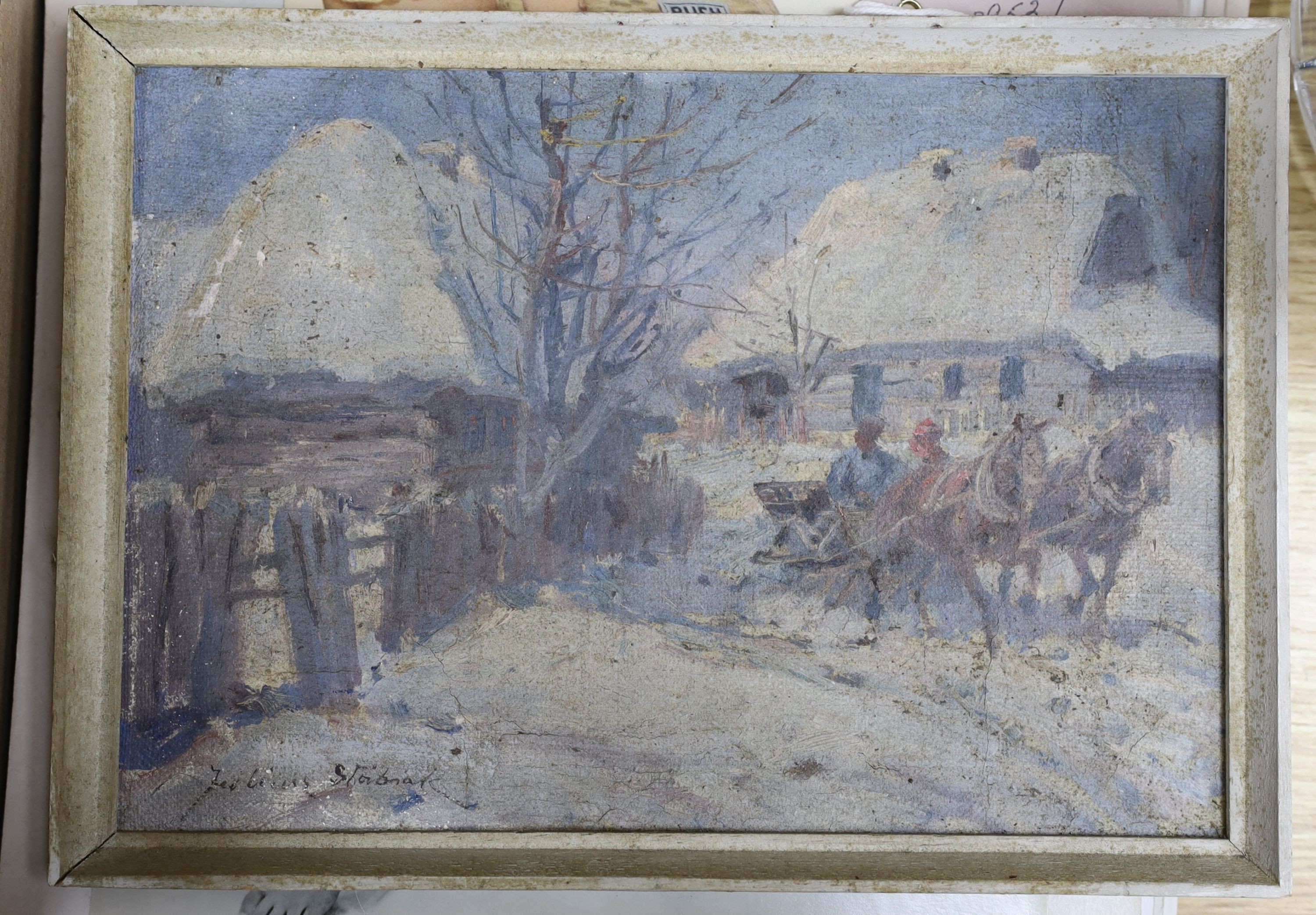 Juliusz Slabiak (Polish, 1917-1973), oil on canvas laid on card, Troika in a landscape, signed, 16.5 - Image 2 of 2
