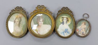 A group of four brass framed portrait miniatures