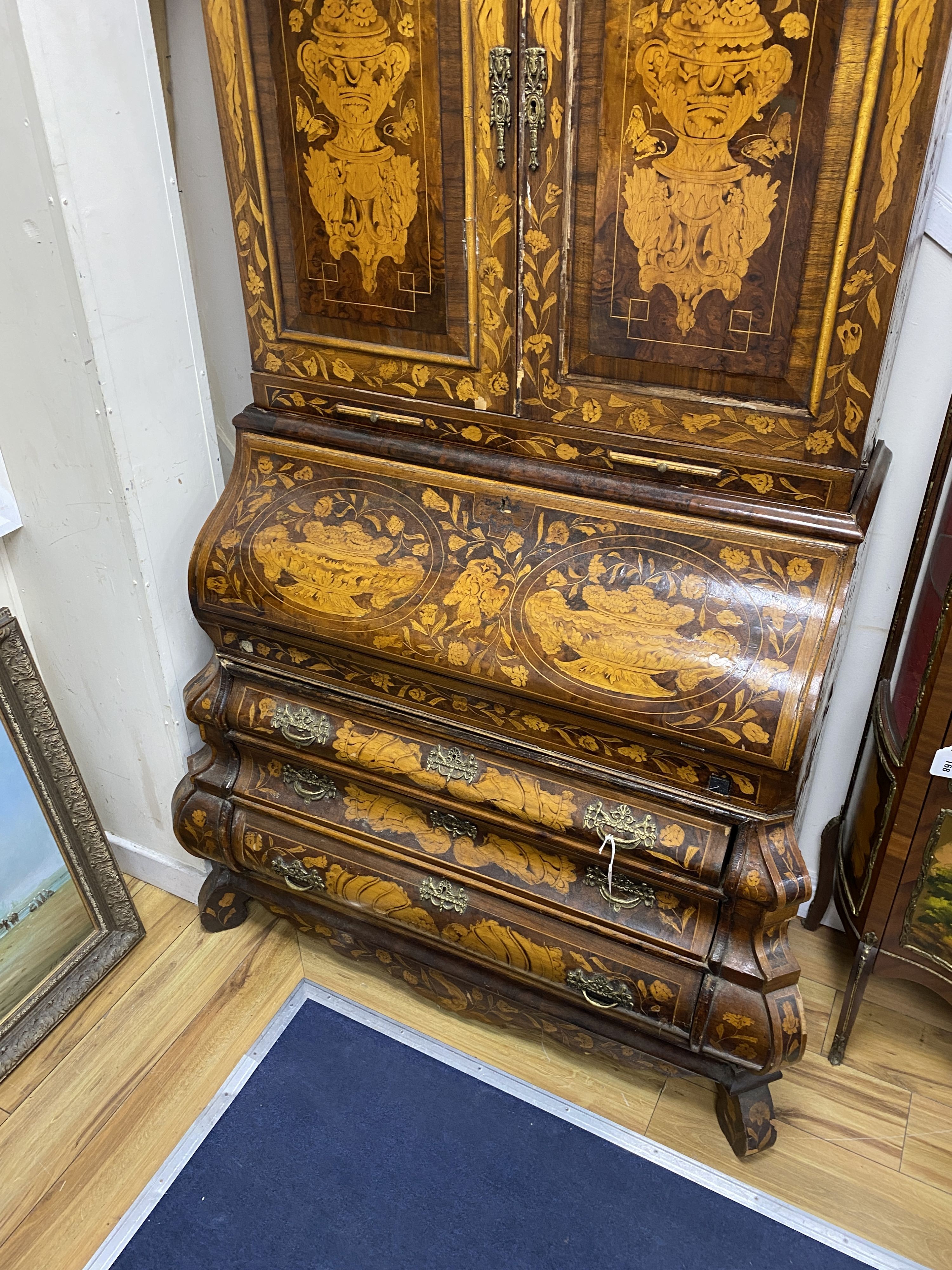 A Dutch floral marquetry walnut bombe bureau cabinet, width 120cm, depth 60cm, height 210cm - Image 3 of 4