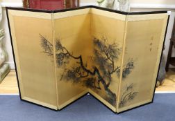 A Japanese gilt screen decorated with pine branches together with a Chinese rectangular wall