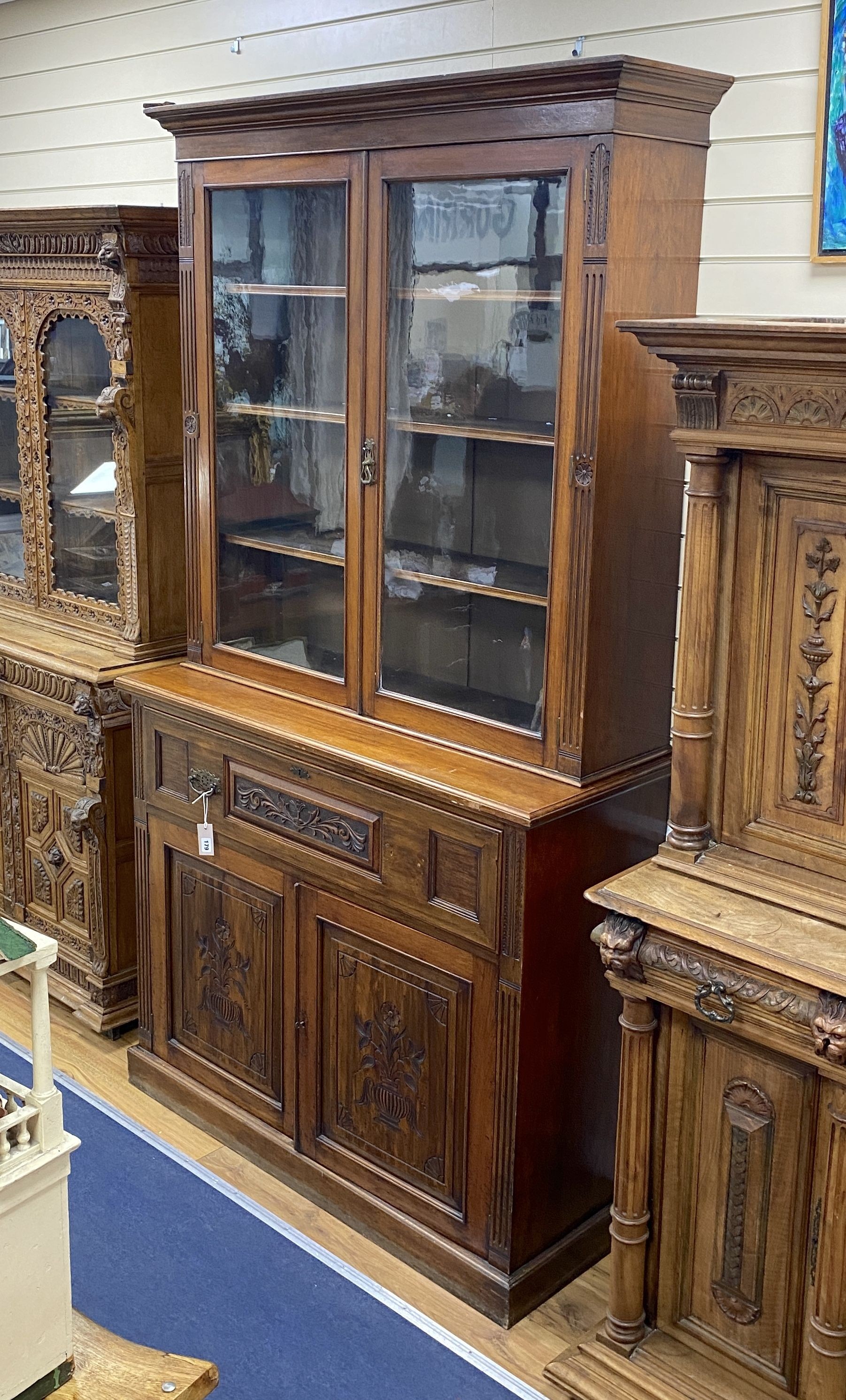 A late Victorian carved walnut secretaire bookcase, length 122cm, depth 48cm, height 226cm - Image 2 of 2