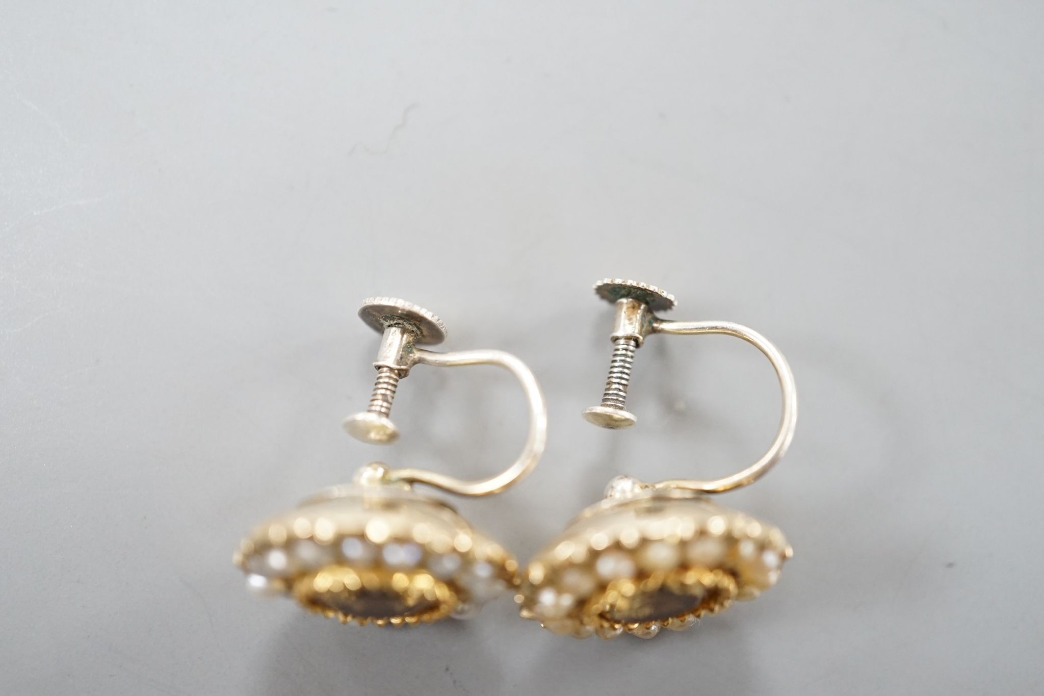 A pair of yellow metal, yellow topaz and split pearl set ear clips(adapted?), 14mm, gross 5.8 - Image 3 of 4