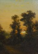 Lodewijk Johannes Kleijn (1817-1897), oil on wooden panel, Woodland at sunset, indistinctly