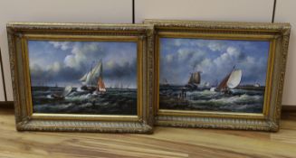 A pair of modern oils on panel of fishing boats at sea, 29 x 39cm