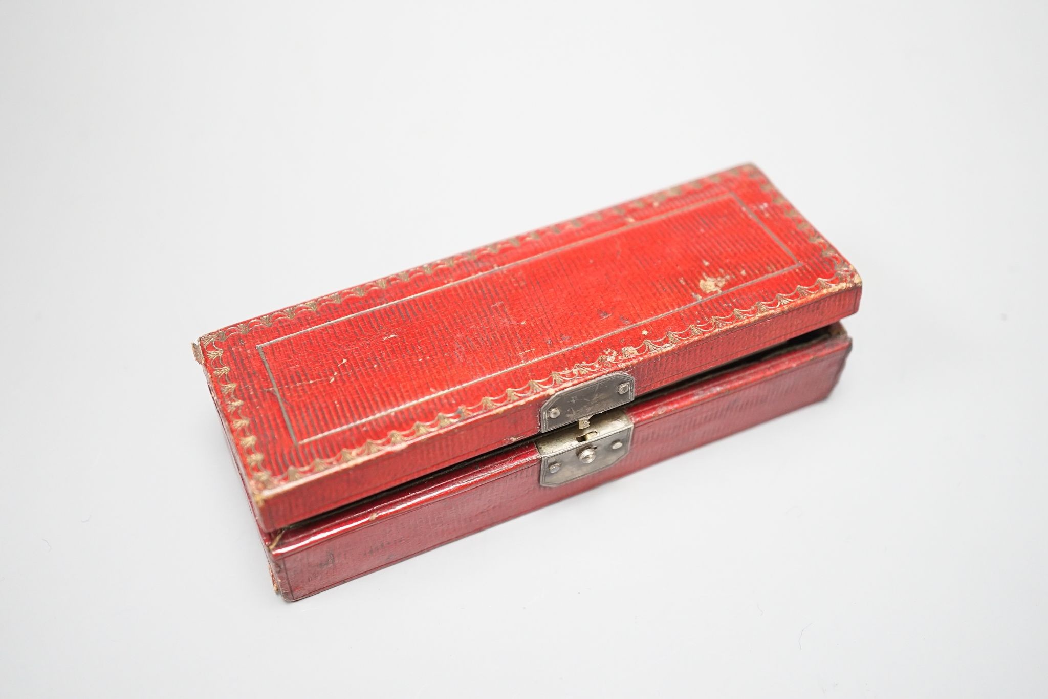 A 19th century Ostenberg morocco leather cased set of three cut throat razors with topographical - Image 2 of 3