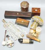 For Victorian treen match holders with ‘go to bed’ tops a meerschaum pipe, four glass scent vials, a