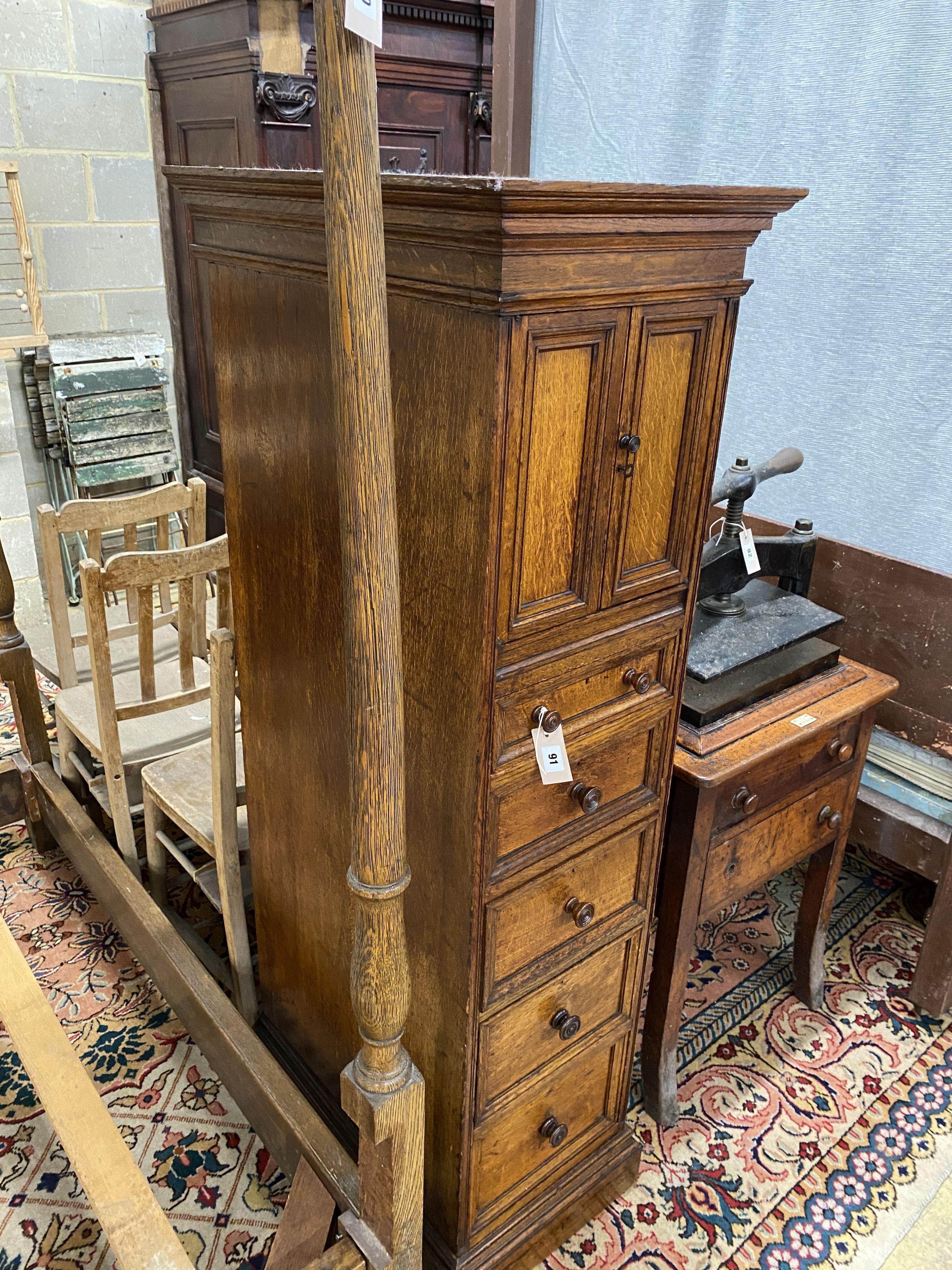An unusual Victorian oak five drawer cabinet, width 43cm, depth 65cm, height 155cm - Image 2 of 2