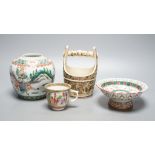 A Chinese famille verte jar, a Chinese enamelled porcelain stem dish, a famille rose cup and a