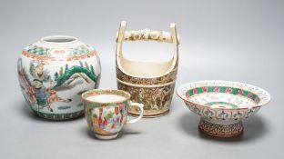 A Chinese famille verte jar, a Chinese enamelled porcelain stem dish, a famille rose cup and a