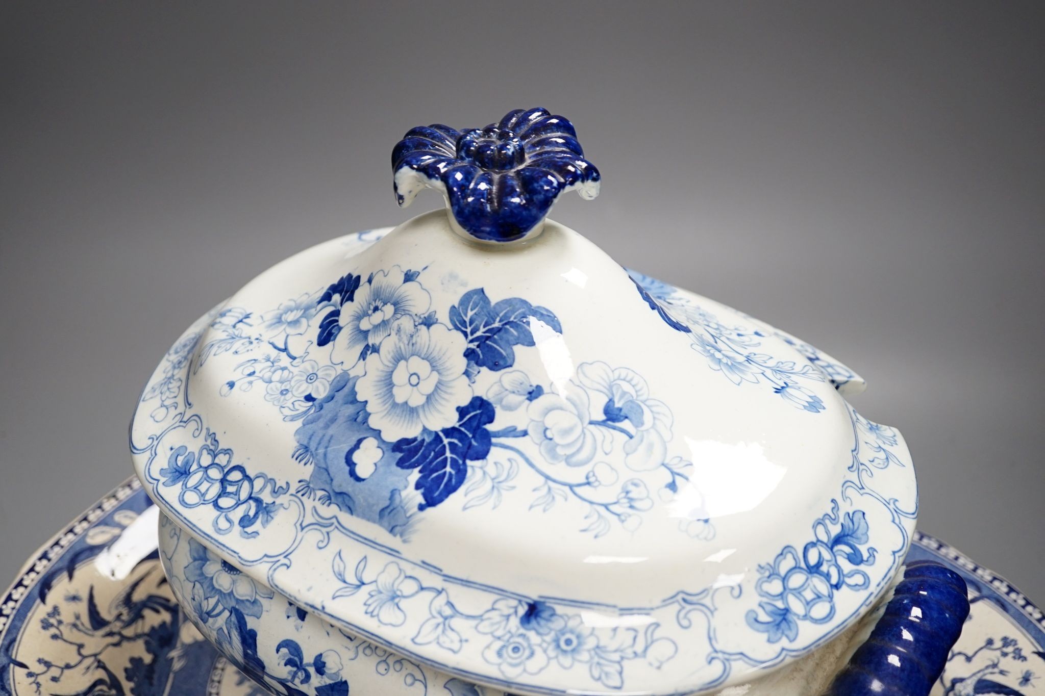 A Victorian Stone China soup tureen, 35cm wide, a Victorian blue-printed meat plate and a Masons - Image 2 of 3