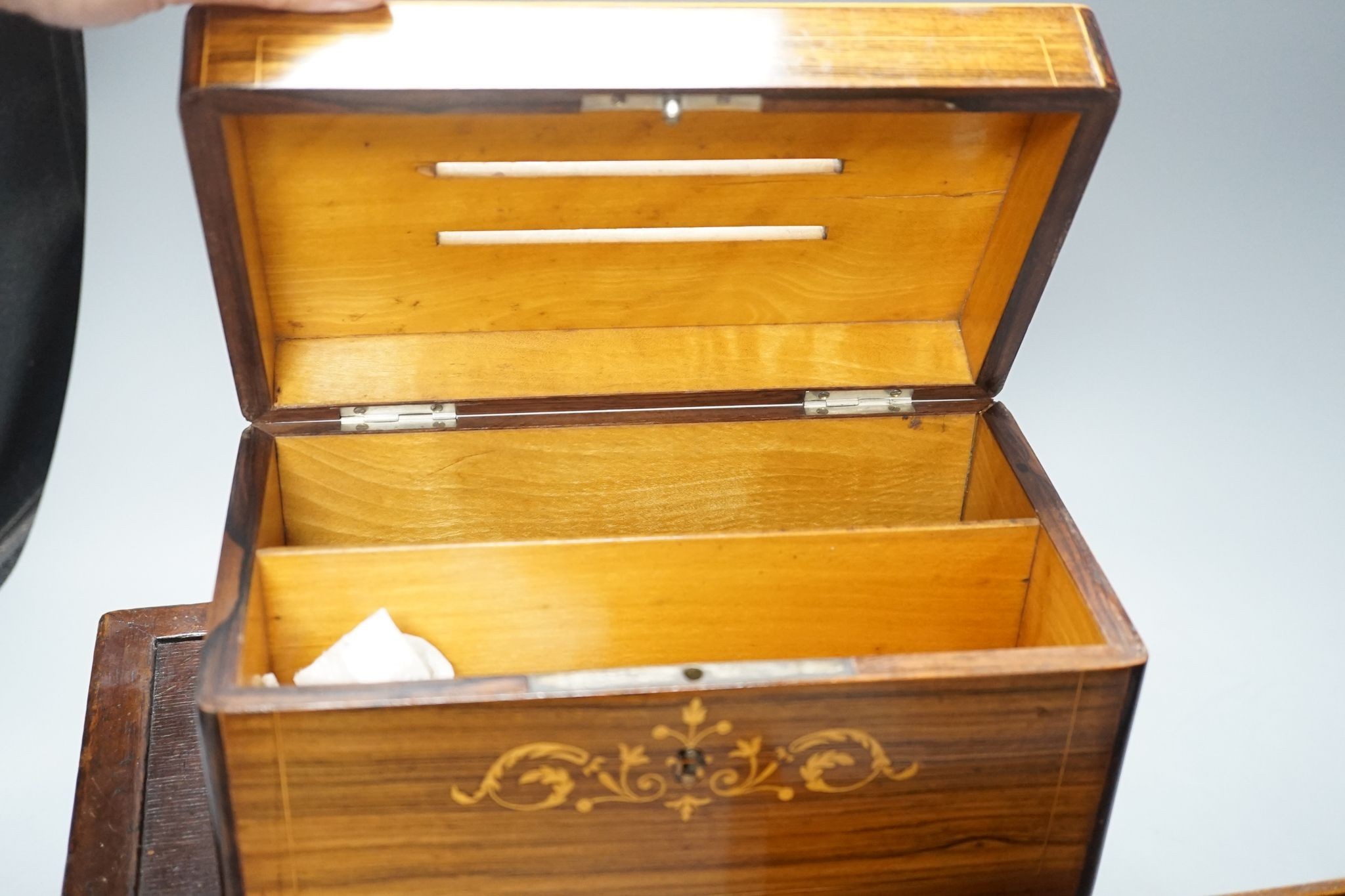 A 19th century French rosewood and marquetry letters box, an inlaid stationary rack and a brass- - Image 4 of 6