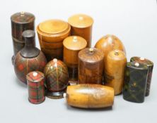 A group of tartanware, Mauchline and fern ware match holders with go-to-bed finials, and a similar