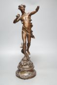 After Ferrand, a spelter figure of a gentleman upon a dolphin, plaque to base reading ‘Zephyr