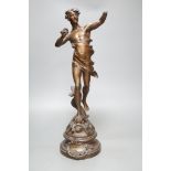 After Ferrand, a spelter figure of a gentleman upon a dolphin, plaque to base reading ‘Zephyr