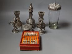 A collection of assorted white metal items including Thai boxes, dishes, candlesticks, tea