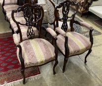 A late Victorian mahogany seven piece salon suite, settee length 120cm, depth 54cm, height 108cm