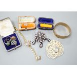 Mixed jewellery etc. including cultured peal necklace, 9ct gold ring and a lady's 9ct wrist watch.