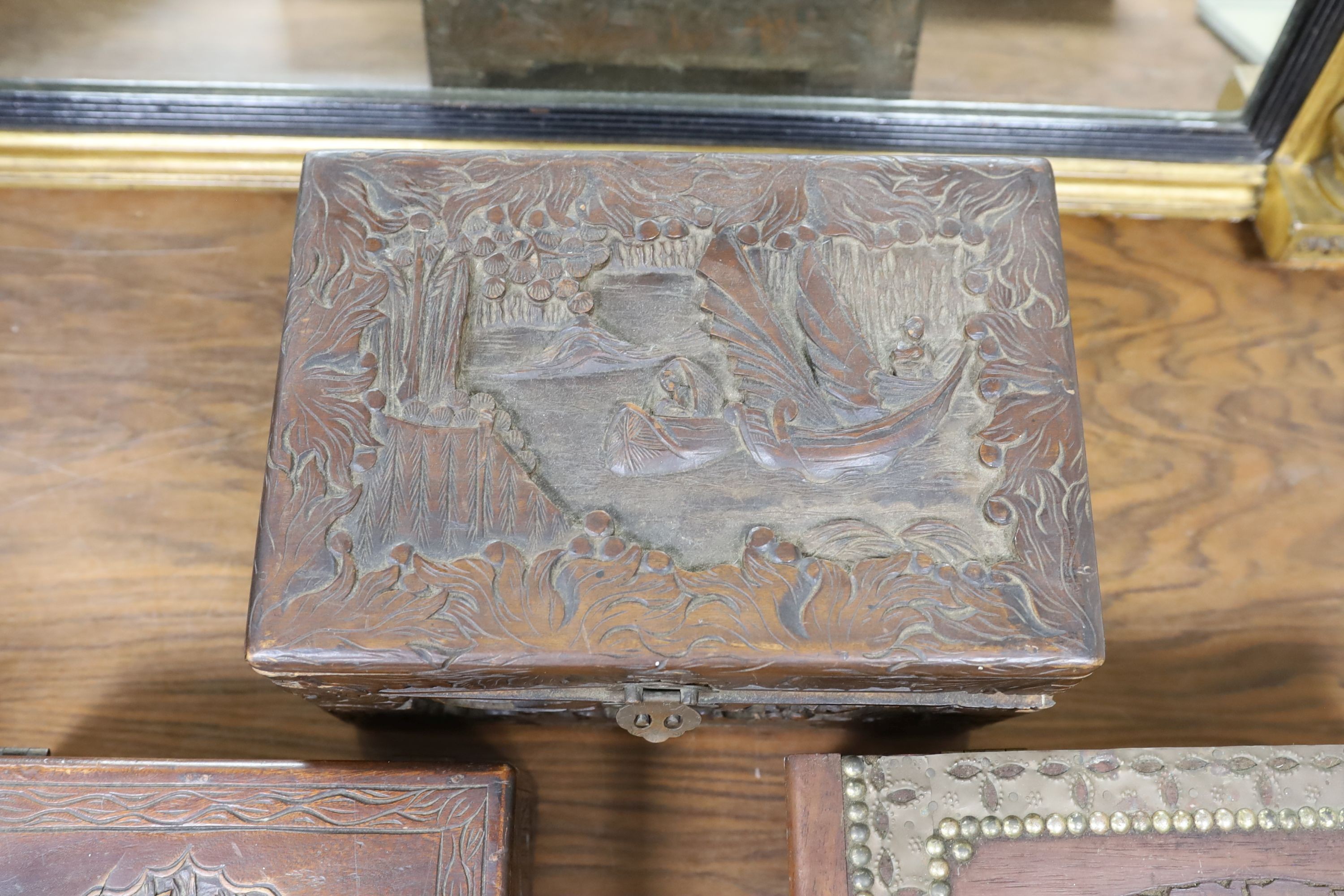 A Chinese carved camhor wood chest and three assorted boxes,Camphor chest 35 cms wide x22 cms high. - Image 3 of 4