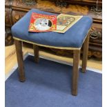 An Elizabeth II oak Coronation stool and related ephemera, width 47cm, depth 31cm, height 48cm