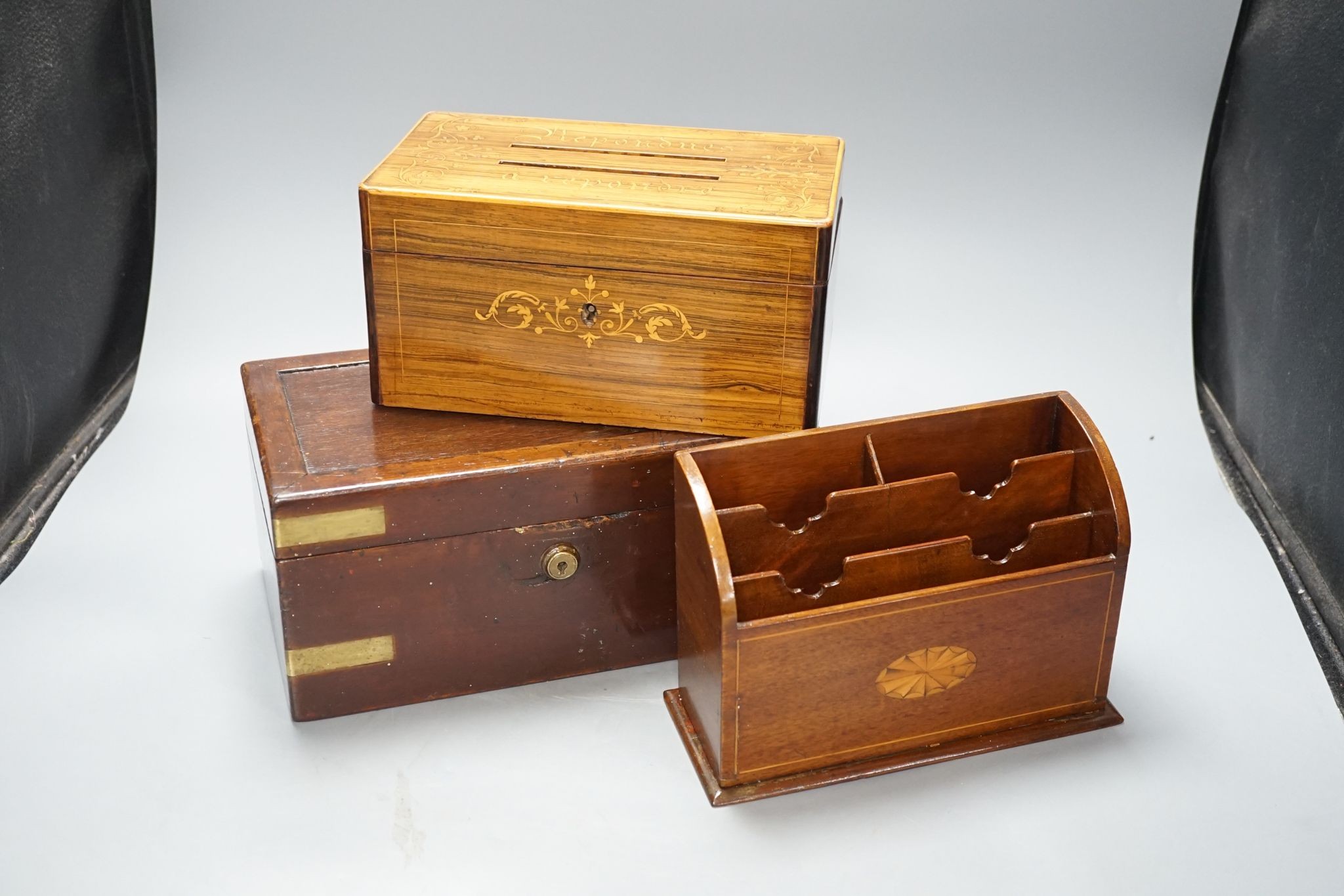 A 19th century French rosewood and marquetry letters box, an inlaid stationary rack and a brass- - Image 2 of 6