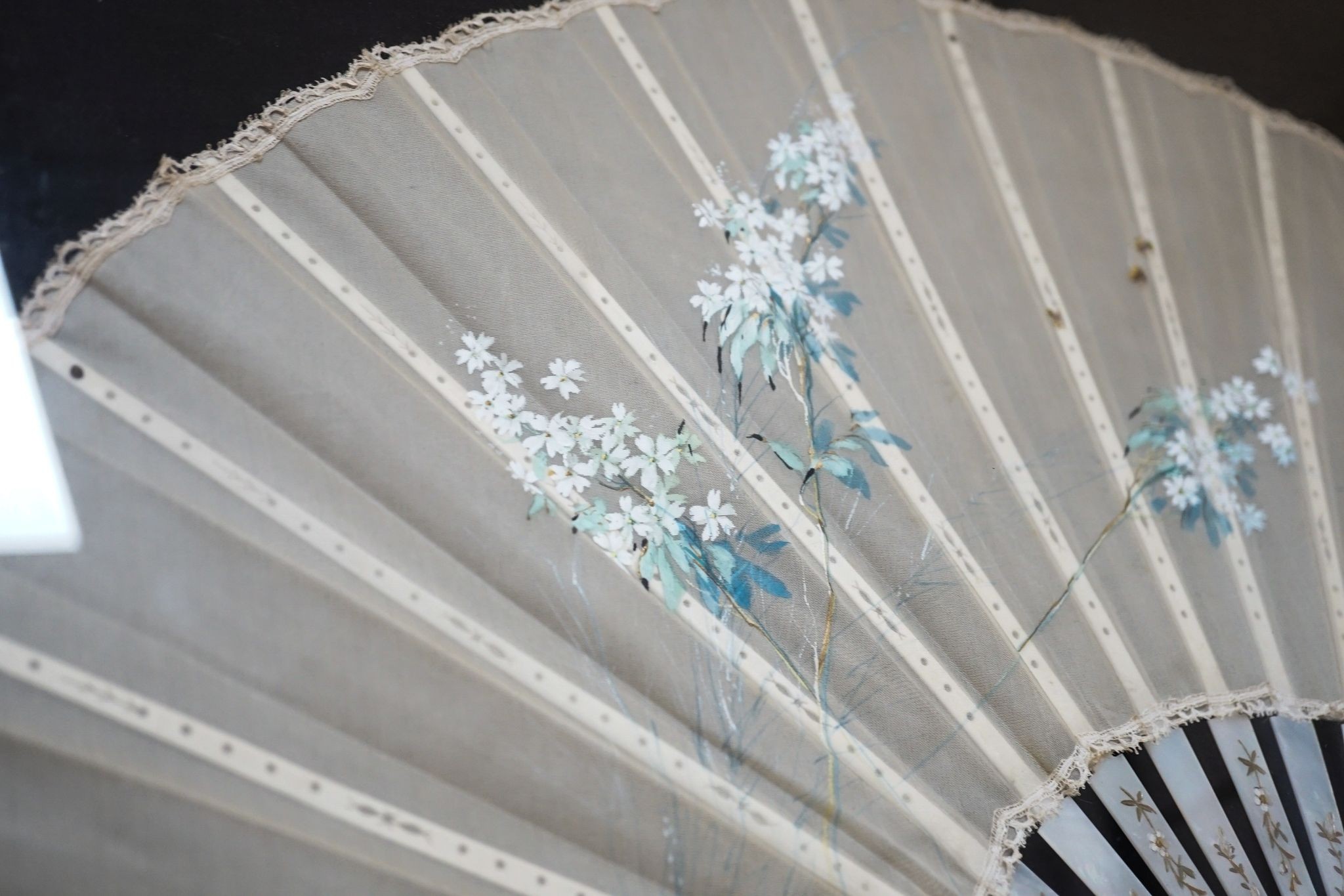 A framed 19th century French mother of pearl and painted silk fan, approx. 60cm long excl frame - Image 4 of 8