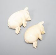 Two ivory sleeping pigs.5 cms wide