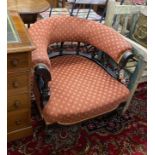 A late Victorian aesthetic movement ebonised tub framed chair, width 72cm, depth 64cm, height 66cm