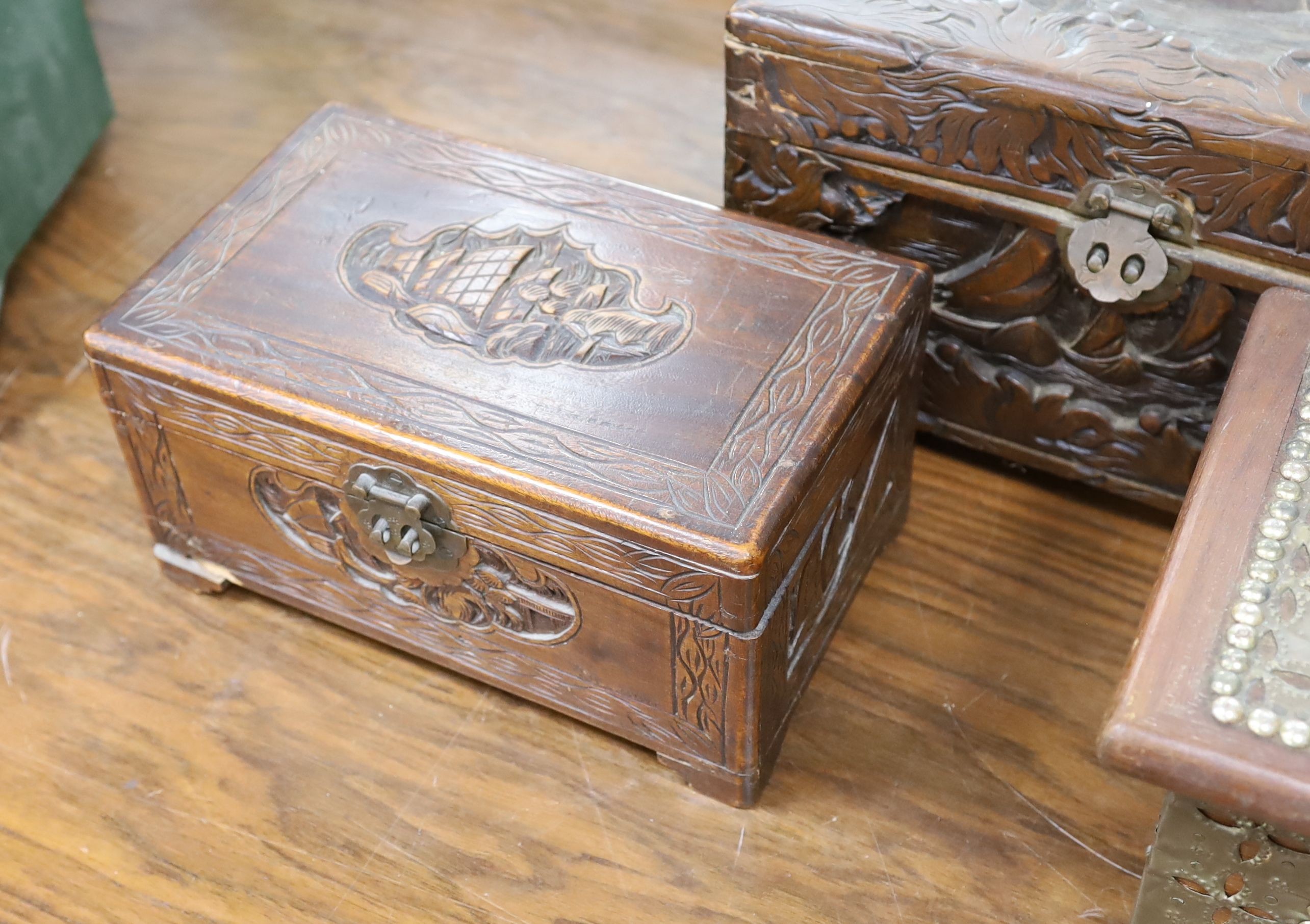 A Chinese carved camhor wood chest and three assorted boxes,Camphor chest 35 cms wide x22 cms high. - Image 4 of 4