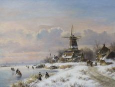 Lodewijk Johannes Kleijn (1817-1897), oil on canvas, Winter landscape with figures skating beside