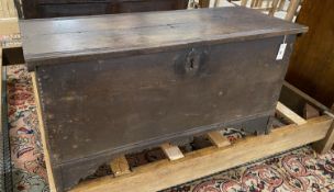 An 18th century oak coffer, length 111cm, depth 43cm, height 56cm