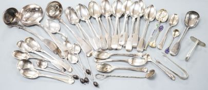 A set of twelve Victorian silver fiddle pattern teaspoons, London, 1870, a pair of Victorian sauce
