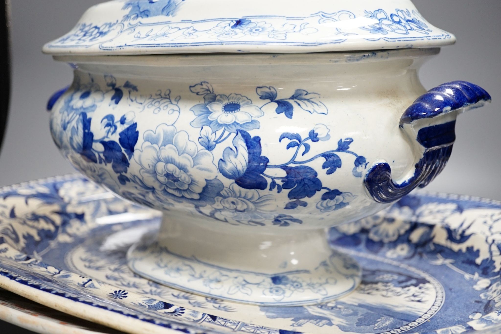A Victorian Stone China soup tureen, 35cm wide, a Victorian blue-printed meat plate and a Masons - Image 3 of 3