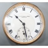 A George V 9ct gold open faced keyless pocket watch by Tomas Russell & Son, Liverpool, with Roman