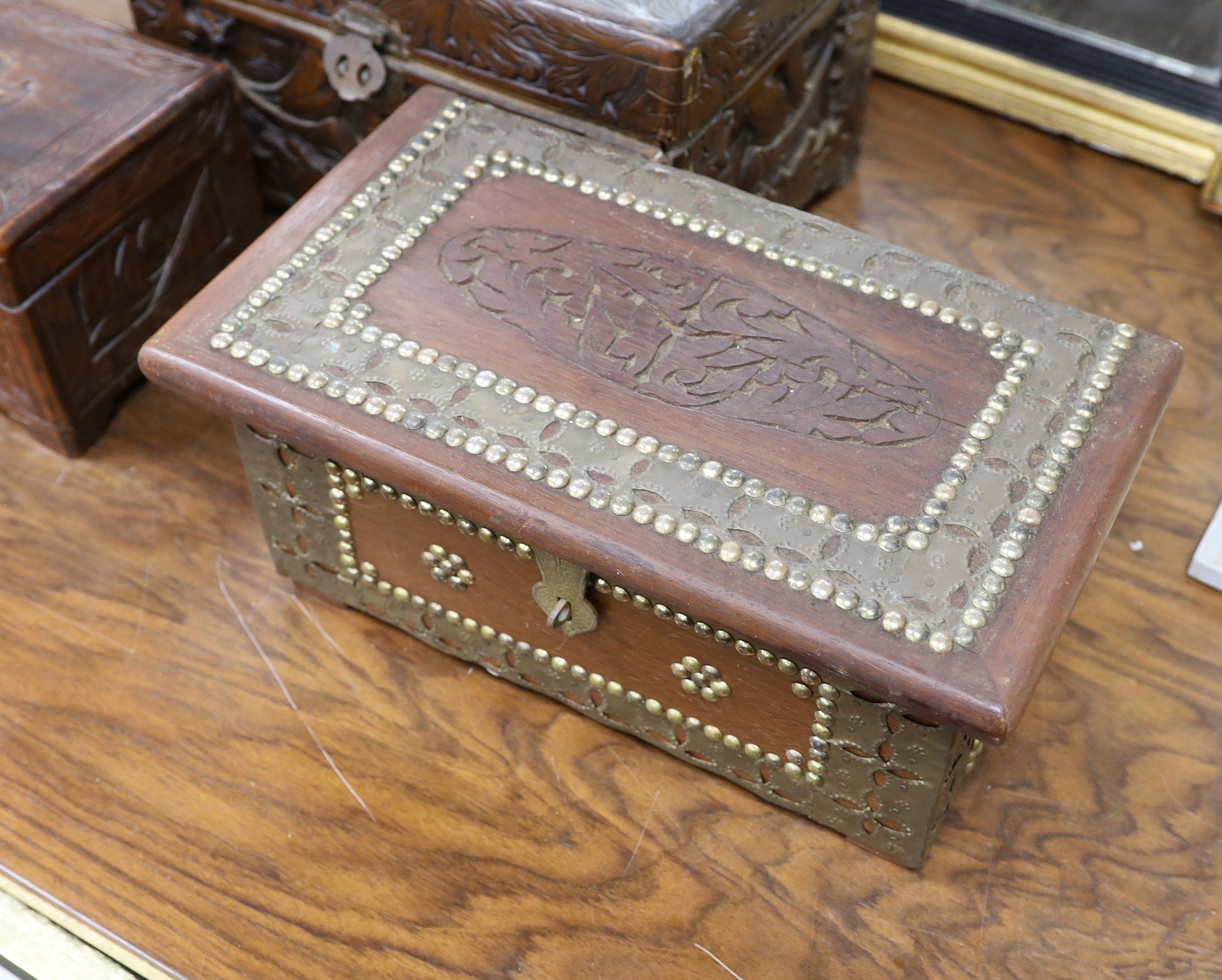 A Chinese carved camhor wood chest and three assorted boxes,Camphor chest 35 cms wide x22 cms high. - Image 2 of 4