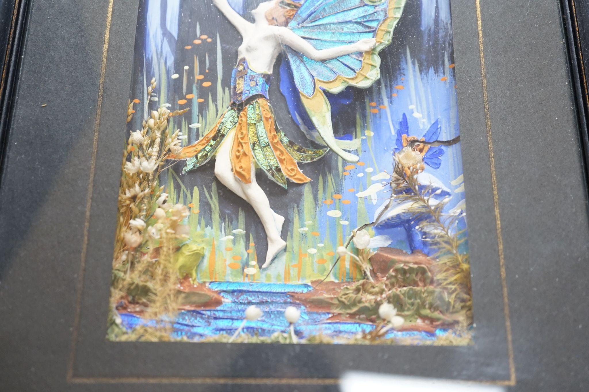A pair of morpho butterfly wing nymph diorama, signed Gaydon King, Pat. App. For 19907/29, c. - Image 3 of 7